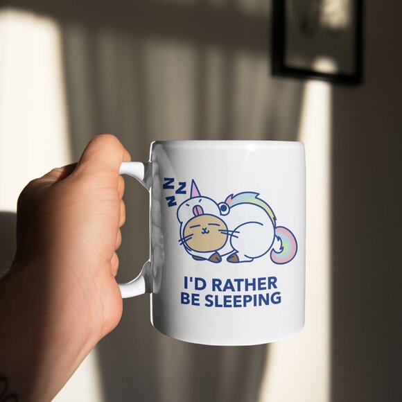Handmade I'd Rather Be Sleeping Cat Unicorn White Ceramic 12 OZ Coffee Tea Mug - Picture 2 of 2